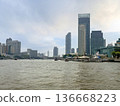 Scenic view of the Chao Phraya River in Bangkok with reflections of tall buildings and boats cruising along the water captured from the center in 2024 136668223