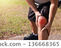 Overweight man suffering from knee pain while jogging in park. Concept of sport injury, joint inflammation, arthritis, healthcare problem, tendonitis, and physical therapy for obese people workout. 136668365