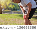 Overweight man suffering from knee pain while jogging in park. Concept of sport injury, joint inflammation, arthritis, healthcare problem, tendonitis, and physical therapy for obese people workout. 136668366