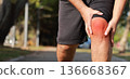 Overweight man suffering from knee pain while jogging in park. Concept of sport injury, joint inflammation, arthritis, healthcare problem, tendonitis, and physical therapy for obese people workout. 136668367