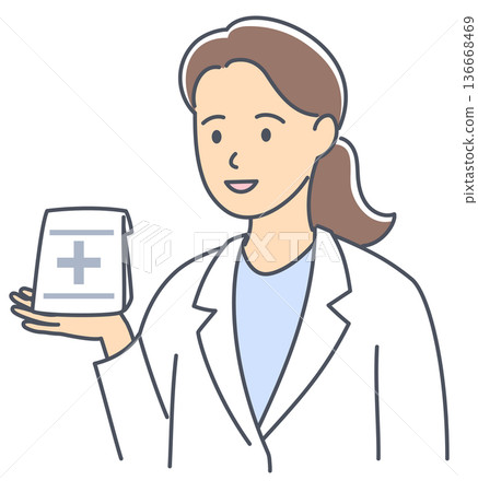 Upper body female pharmacist holding medicine in hand Upper body female pharmacist holding medicine in hand 136668469