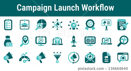 Campaign Launch Workflow Icons set Campaign Launch Workflow Icons set 136668640