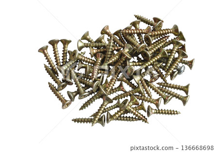 A pile of short yellow screws. 136668698