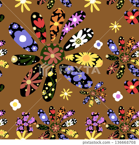 Bold retro floral seamless pattern featuring oversized 70s-inspired blooms with multicolor petals on a warm brown background 136668708
