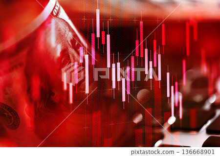 Stock market graph shows changes with hundred dollar bill in background during trading hours 136668901