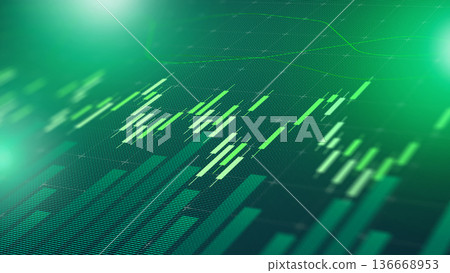 Data visualization shows stock market trends on green background in digital format Data visualization shows stock market trends on green background in digital format 136668953