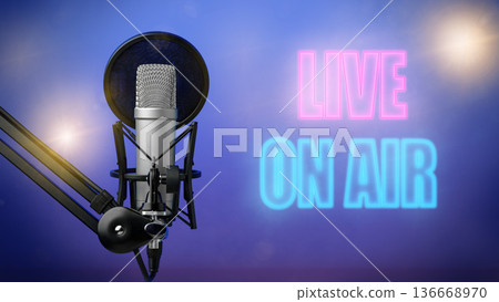 Podcast recording takes place with microphone and live broadcast sign 136668970