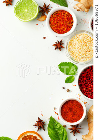 Various spices and ingredients arranged on a white surface with fruits and herbs Various spices and ingredients arranged on a white surface with fruits and herbs 136668971