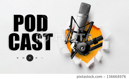 Podcast microphone setup on white background with orange detail and broken paper effect 136668976