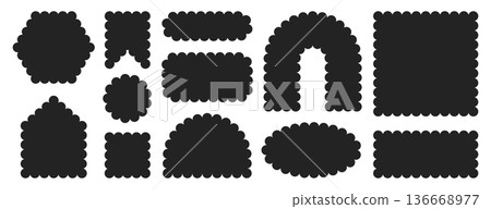 Black zig zag edge, wavy lace borders, zigzag frames, jagged curvy box elements Black zig zag edge, wavy lace borders, zigzag frames, jagged curvy box elements 136668977