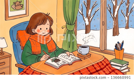 插圖描繪了在安靜的室內房間裡閱讀書籍的場景，展現了閱讀、放鬆、獨處和度假的氛圍。 136668991