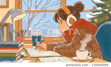 插圖描繪了在安靜的室內房間裡閱讀書籍的場景，展現了閱讀、放鬆、獨處和度假的氛圍。 136668994