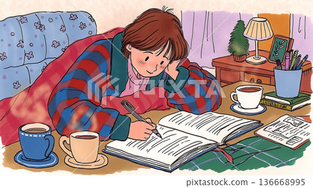 插圖描繪了在安靜的室內房間裡閱讀書籍的場景，展現了閱讀、放鬆、獨處和度假的氛圍。 136668995