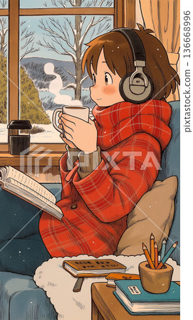 插圖描繪了在安靜的室內房間裡閱讀書籍的場景，展現了閱讀、放鬆、獨處和度假的氛圍。 136668996