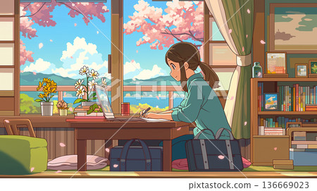 享受在房間裡閱讀的樂趣。日常插圖，室內，閱讀時光，嗜好，放鬆，休息，舒適生活。 136669023