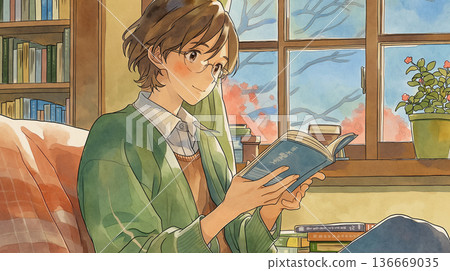 閱讀場景，在安靜的空間、房間、室內翻頁，閱讀，平靜，放鬆，獨處時光，假期，生活 136669035