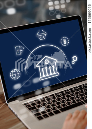 Online banking invoice payment process on a laptop screen in a modern setting 136669036