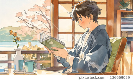 閱讀場景，在安靜的空間、房間、室內翻頁，閱讀，平靜，放鬆，獨處時光，假期，生活 136669039