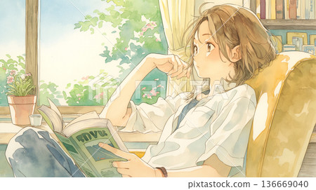 一幅描繪在室內房間裡閱讀書籍的輕鬆畫面，展現了閱讀、放鬆、休息、平靜、日常生活和室內場景的意境。 136669040