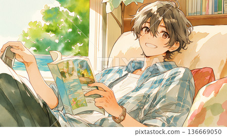 室內閱讀場景插畫素材，適合閱讀、房間、閱讀時光、平靜、放鬆、安靜的假期、獨居等場合。 136669050