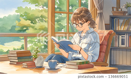 室內閱讀場景插畫素材，適合閱讀、房間、閱讀時光、平靜、放鬆、安靜的假期、獨居等場合。 136669051