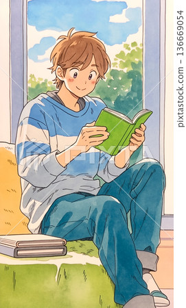 室內閱讀場景插畫素材，適合閱讀、房間、閱讀時光、平靜、放鬆、安靜的假期、獨居等場合。 136669054