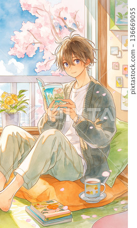 室內閱讀場景插畫素材，適合閱讀、房間、閱讀時光、平靜、放鬆、安靜的假期、獨居等場合。 136669055