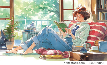 室內閱讀場景插畫素材，適合閱讀、房間、閱讀時光、平靜、放鬆、安靜的假期、獨居等場合。 136669056