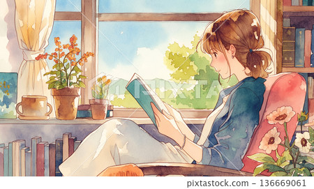 圖片描繪了在室內窗邊閱讀的場景，閱讀、放鬆、安靜、休閒、獨處時光。 136669061