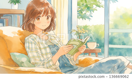 圖片描繪了在室內窗邊閱讀的場景，閱讀、放鬆、安靜、休閒、獨處時光。 136669062