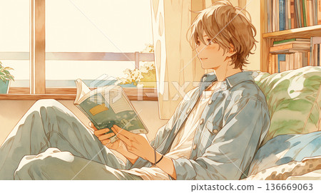 圖片描繪了在室內窗邊閱讀的場景，閱讀、放鬆、安靜、休閒、獨處時光。 136669063