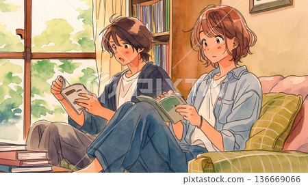 圖片描繪了在室內窗邊閱讀的場景，閱讀、放鬆、安靜、休閒、獨處時光。 136669066