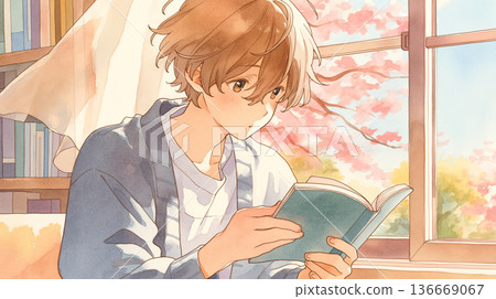 圖片描繪了在室內窗邊閱讀的場景，閱讀、放鬆、安靜、休閒、獨處時光。 136669067