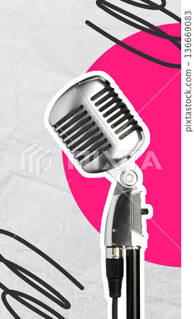 Podcast microphone on a colorful background for audio discussion and recording 136669083