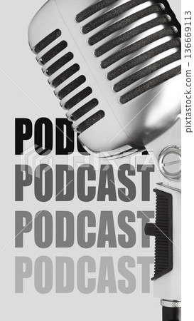Podcast microphone with bold text in the background showing podcast title repeatedly Podcast microphone with bold text in the background showing podcast title repeatedly 136669113