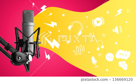 Podcast recording setup on a colorful background with music-related icons 136669120