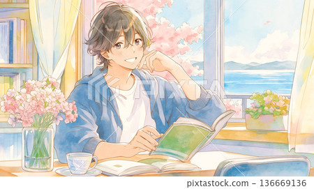 簡單的插圖描繪了日常生活中室內閱讀的場景，包括閱讀時間、放鬆、寧靜和平靜。 136669136