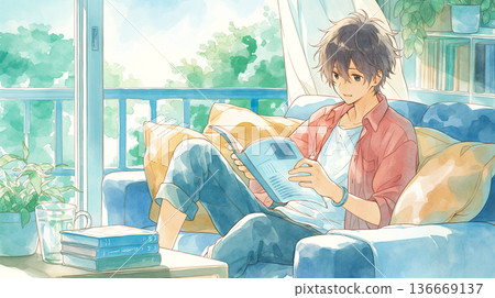 簡單的插圖描繪了日常生活中室內閱讀的場景，包括閱讀時間、放鬆、寧靜和平靜。 136669137