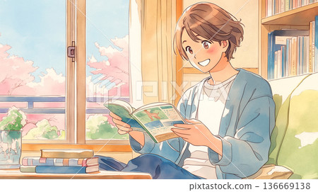 簡單的插圖描繪了日常生活中室內閱讀的場景，包括閱讀時間、放鬆、寧靜和平靜。 136669138