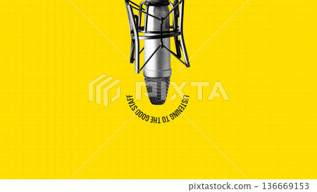Engaging podcast session featuring a microphone against a yellow background Engaging podcast session featuring a microphone against a yellow background 136669153