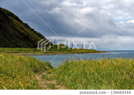 Grassy coastal path leading to calm seaside bay Grassy coastal path leading to calm seaside bay 136669344