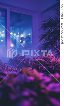 Hydroponic home gardening kit with vibrant plants under purple LED light creates futuristic indoor garden atmosphere perfect for modern living spaces 136669727