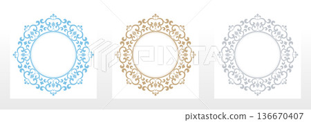 Set of decorative frames Elegant vector element for design in Eastern style, place for text. Floral colored frames. Lace illustration for invitations and greeting cards Set of decorative frames Elegant vector element for design in Eastern style, place for text. Floral colored frames. Lace illustration for invitations and greeting cards 136670407