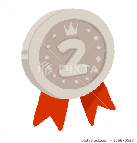 Hand-drawn cute silver medal icon. Coin medal with ribbon. Flat vector illustration. Hand-drawn cute silver medal icon. Coin medal with ribbon. Flat vector illustration. 136670528