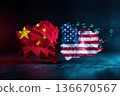 Split composition image shows Chinese flag with Great Wall on the left in red tones and American flag with US Capitol building on the right in blue tones, military jets flying above 136670567