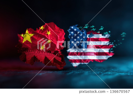 Split composition image shows Chinese flag with Great Wall on the left in red tones and American flag with US Capitol building on the right in blue tones, military jets flying above 136670567