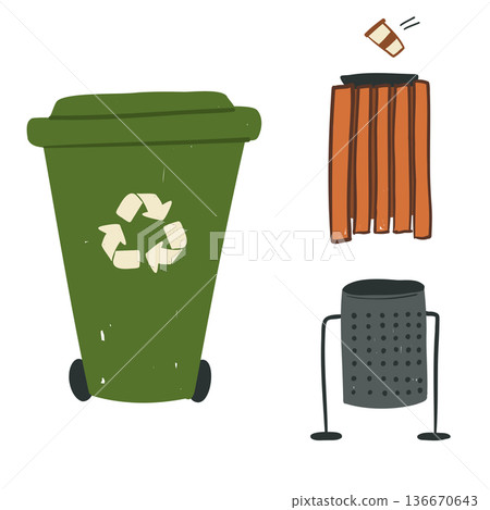 Green Recycling Bin and Metal Trash Can for Urban Waste Collection 136670643