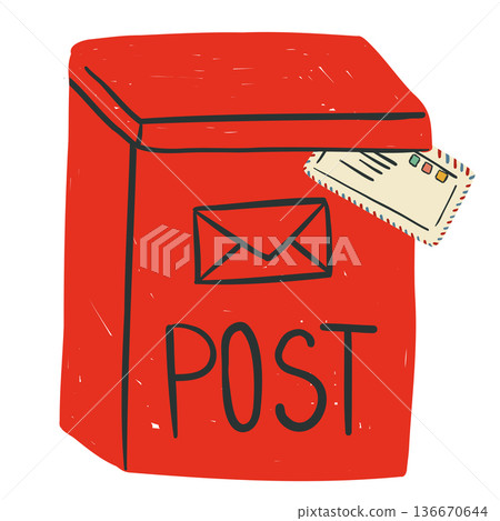 Red Post Mailbox with Envelope for Street Communication 136670644