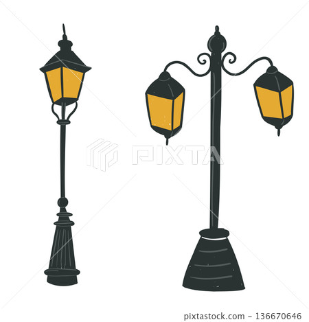 Vintage Street Lamps Set with Classic Lanterns for Urban Design Vintage Street Lamps Set with Classic Lanterns for Urban Design 136670646