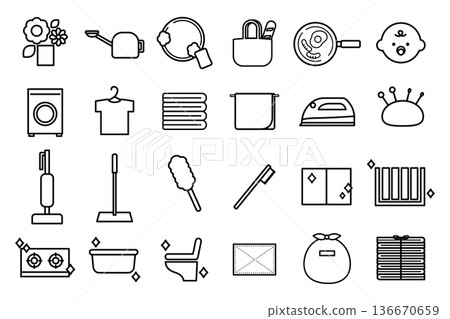 Minimalist line drawing illustration set of housework | Cooking, cleaning, and other everyday household chores 136670659